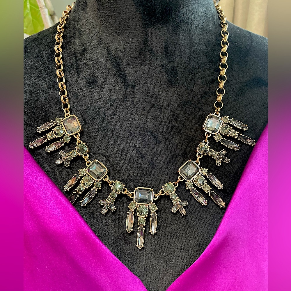 Goldtone & Crystal Art Deco Statement Bib Necklace - Picture 5 of 15